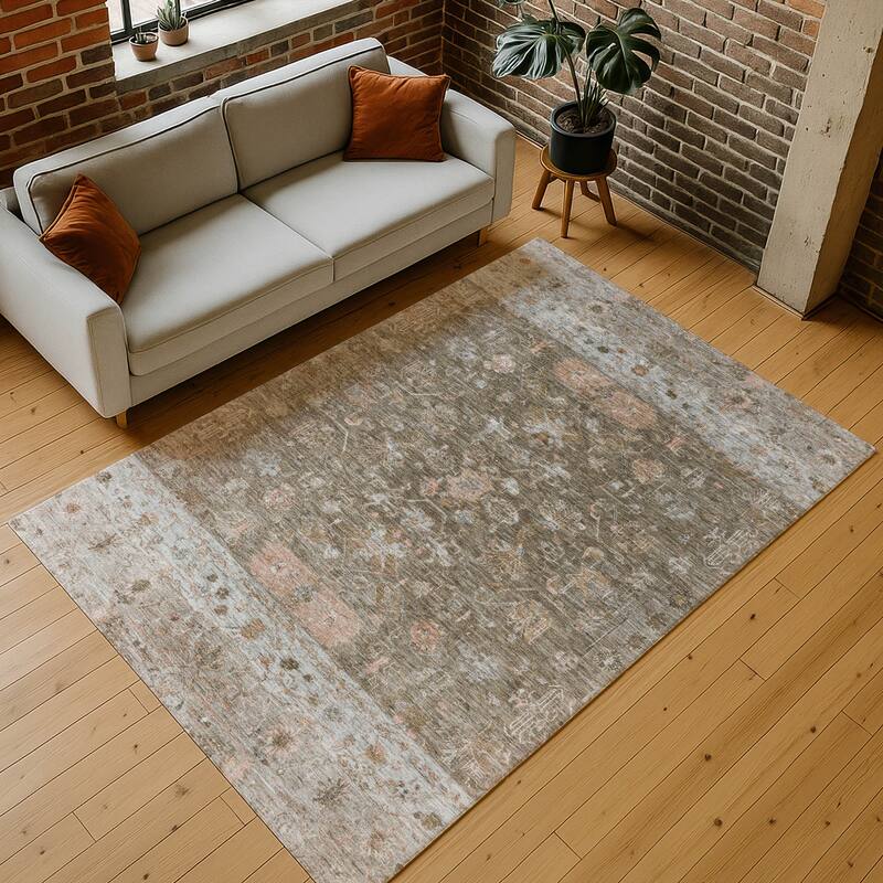 Machine Washable Indoor/ Outdoor Traditional Border Chantille Rug