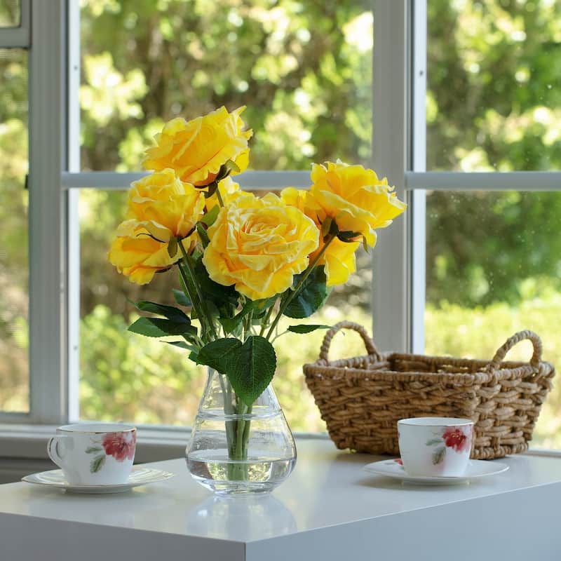 Enova Home 7 Head Artificial Silk Rose Flowers in Clear Glass Vase with Faux Water for Home Office Decoration - N/A - Yellow
