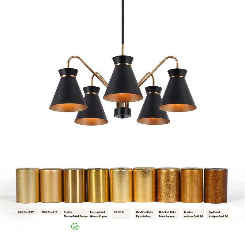 Modern Farmhouse 5-Light Black Gold Chandelier Pendant Light with Metal Shades - 23" D x 9" H