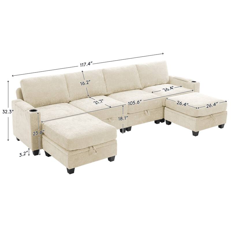 Chenille Sectional Sofa, Hidden Storage & Modular Design