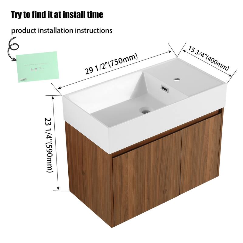 24"/30" Floating Bathroom Vanity with Sink, Mini Wall Mounted Bathroom Vanity with Soft Close Door