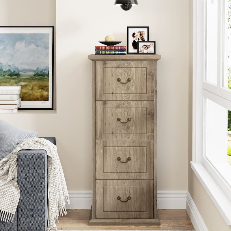 4-Drawers Vertical Storage Cabinet, Tall Dresser Cabinet, Wood Freestanding Floor Storage Cabinet