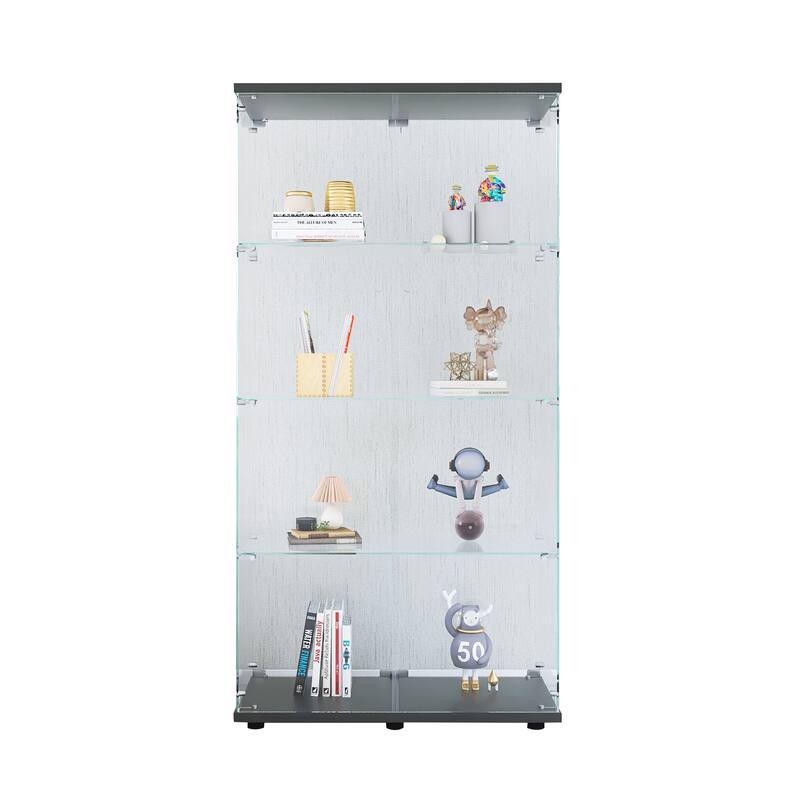 Two-door Glass Display Cabinet with 4 Tier Storage Shelves Floor Standing Curio Glass Bookshelf for Living Room Bedroom Office