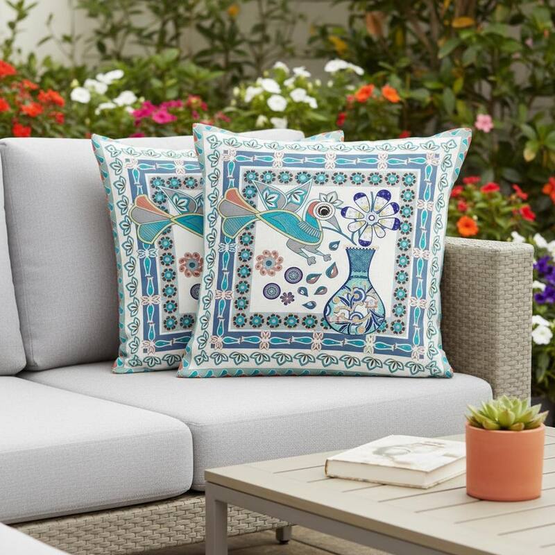 HomeRoots Set of Two 16" X 16" Blue and Off White Peacock Blown Seam Floral Indoor Outdoor Throw Pillow - Blue/Off White - 16.00' X '16.00' X '5.00