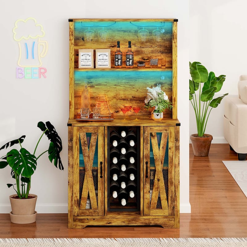 Moasis Farmhouse Bar Cabinet w/ Wine Rack & LED Lights, Sideboard Buffet Storage Cabinet for Dinning Room