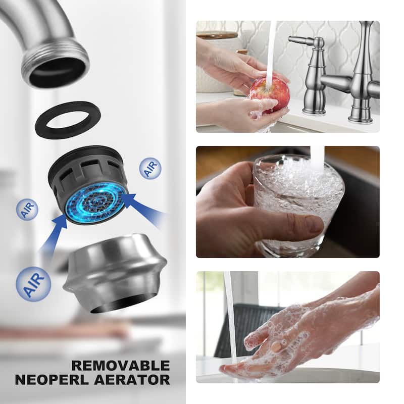 WOWOW 4 Hole Double Handle Bridge Kitchen Faucet with Side Sprayer