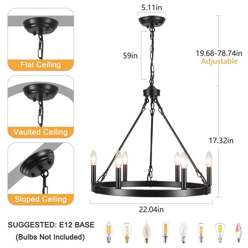 22.04 in. 6-Light Black Rustic Farmhouse Chandelier, Wagon Wheel Chandelier for Dining Room Living Room Bedroom Kitchen