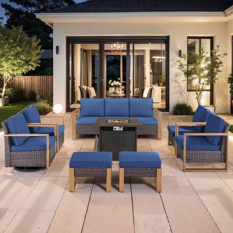 Pocassy Outdoor Fire Pit Conversation Set 3-Seat Sofa Chairs Patio Furniture Set - Brown Wicker Blue Cushion - 8-Piece Sofa Chair with Fire Table