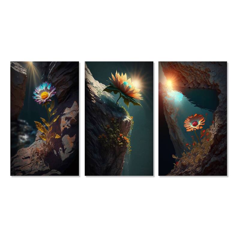 Designart "Fierce Blue Mountain Flower Captures Sunshine" Flowers Blue - Gallery Set Of 3 For Office Decor