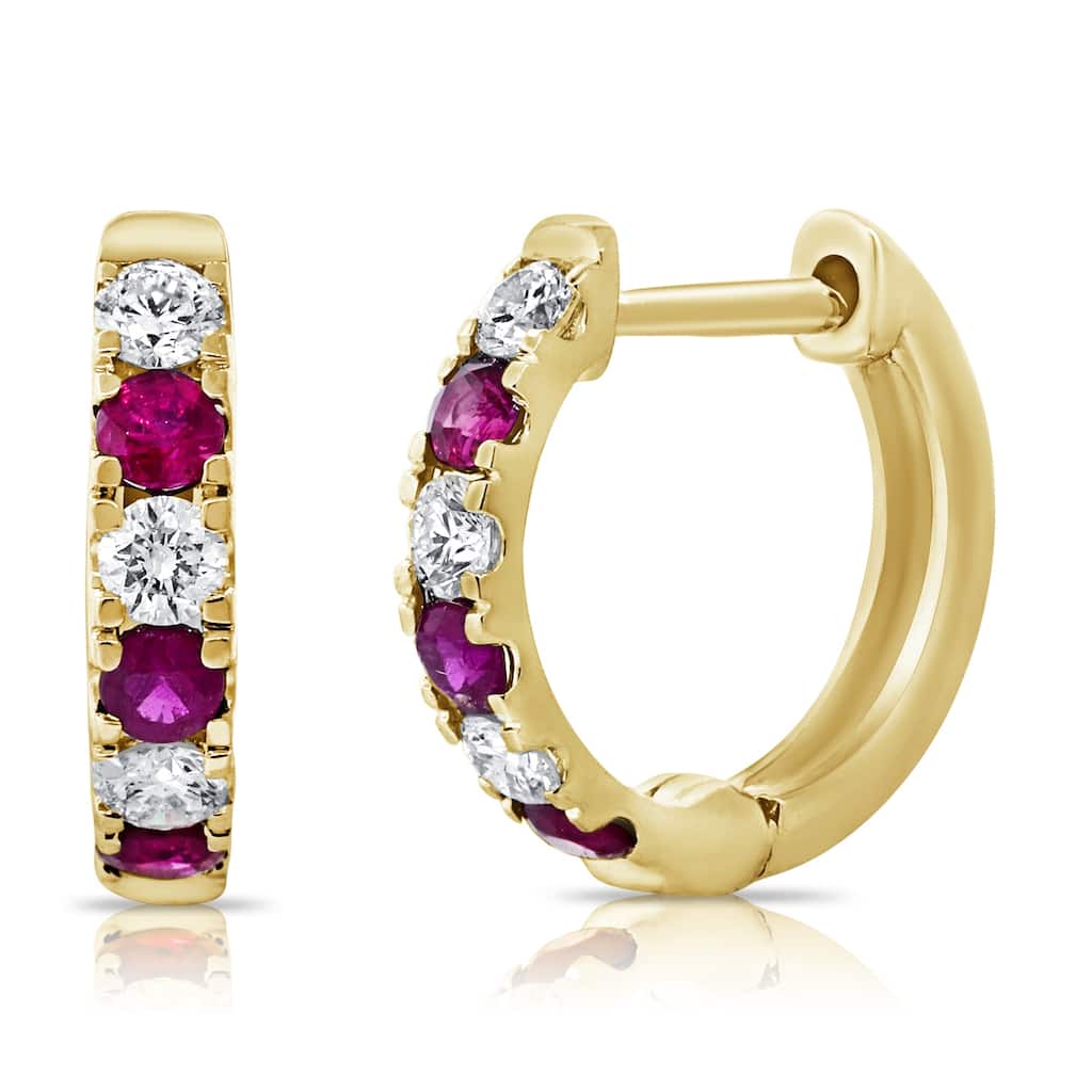 Joelle Collection Ruby & Diamond Alternating Huggie Hoop Earrings 14K Gold