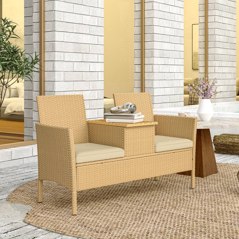 Khaki PE Rattan Steel Patio Loveseat with Cushions and Storage Table - 52.8" W x 22.8" D x 32.3" H