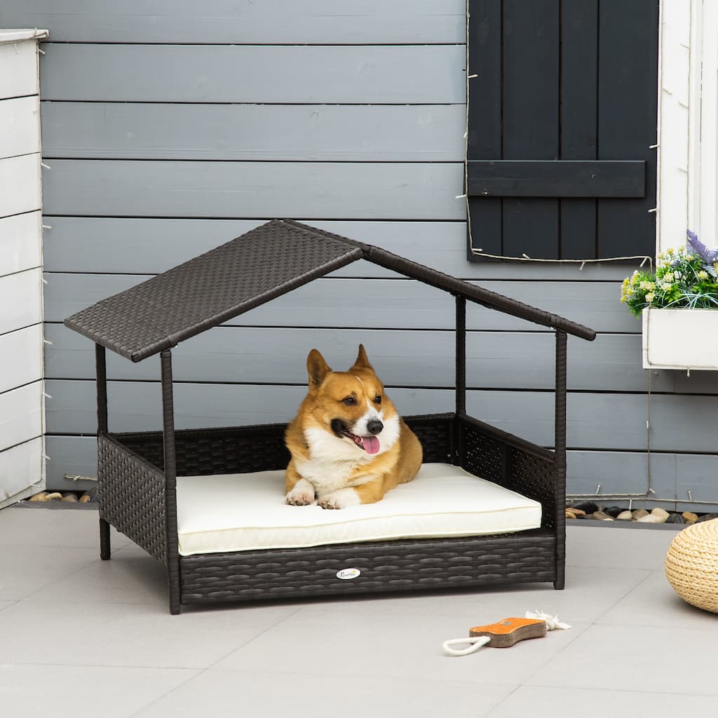 PawHut Wicker Dog House Raised Rattan Bed for Indoor/Outdoor