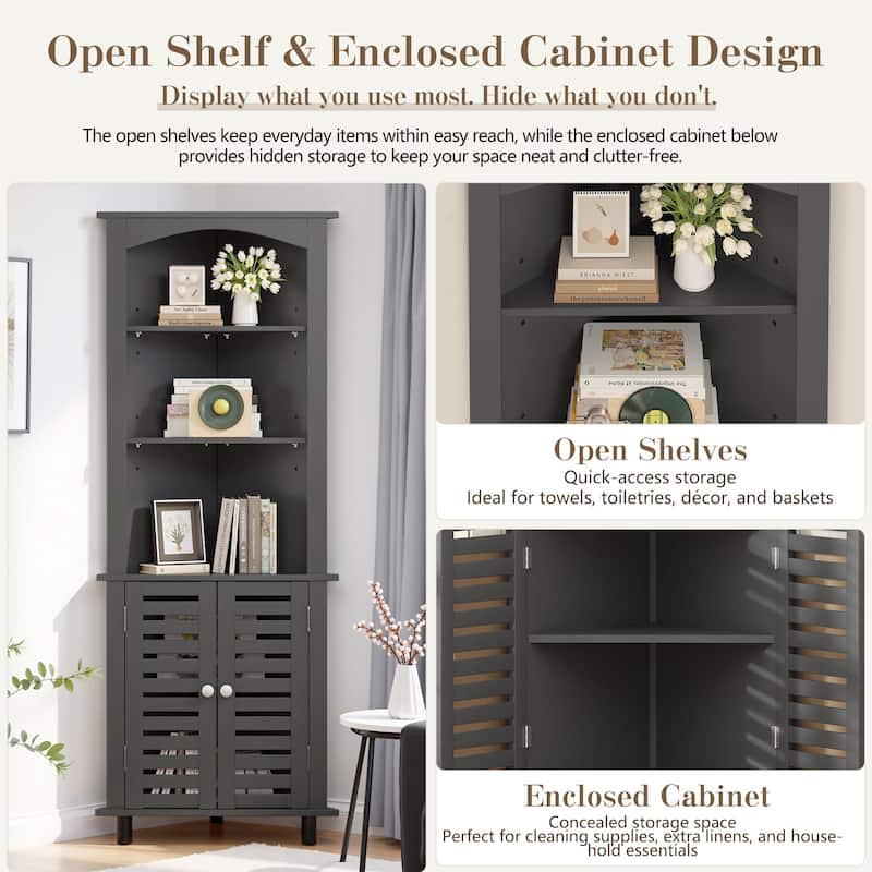 VECELO 68.5" Tall Triangle Corner Bookcase with Adjustable Open Shelves Magnetic Shutter Doors Storage Cabinet for Living Room