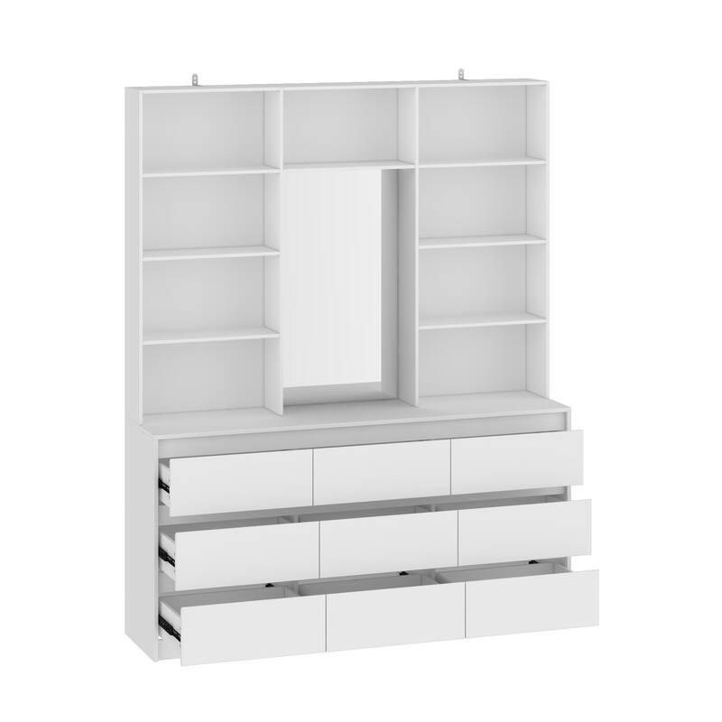 Chest White Storage Cabinet w/Mirror for Bedroom, Dresser Shelving Unit