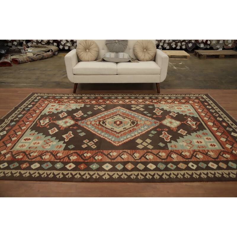 Hand Woven Oriental 100% Wool Carpet Southwestern Tribal Brown Kilim Area Rug - 9' 10'' X 6' 7''