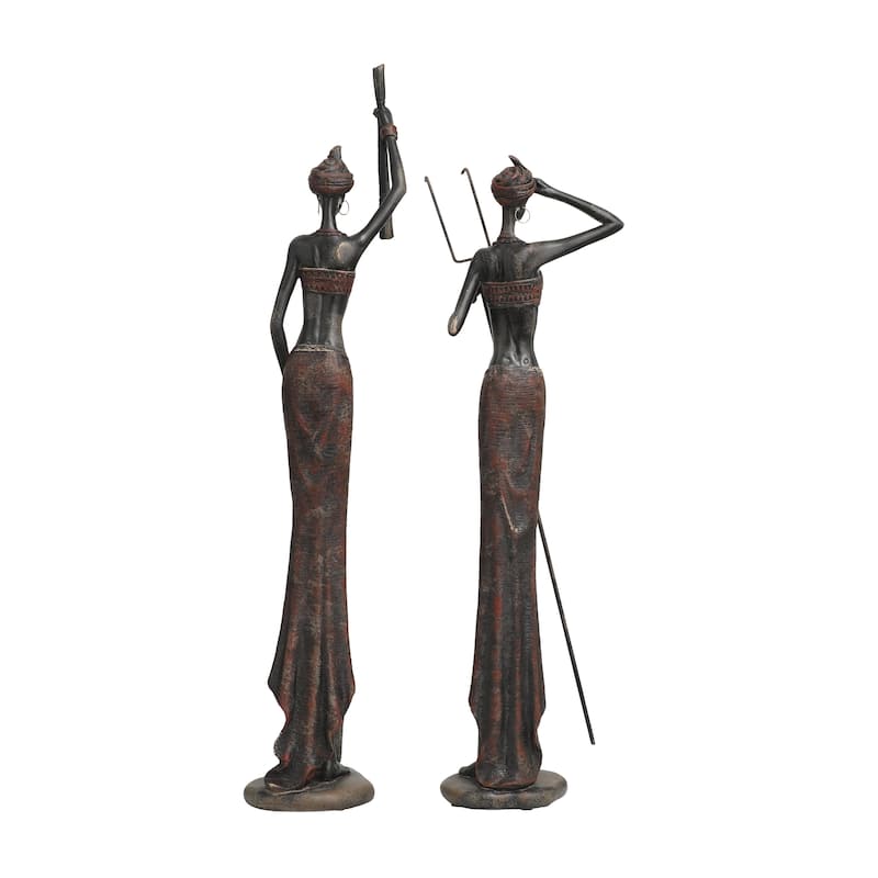 Polystone People Handmade Tall African Women Decorative Sculpture with Carved Dresswear - Set of 2 Red - Roche River Decor