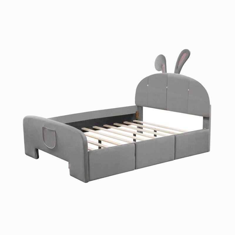 Rabbit-Themed Full Size Velvet Platform Bed with Storage Drawers and Bed-End Pockets - Fun, Practical, and Comfortable for Kids
