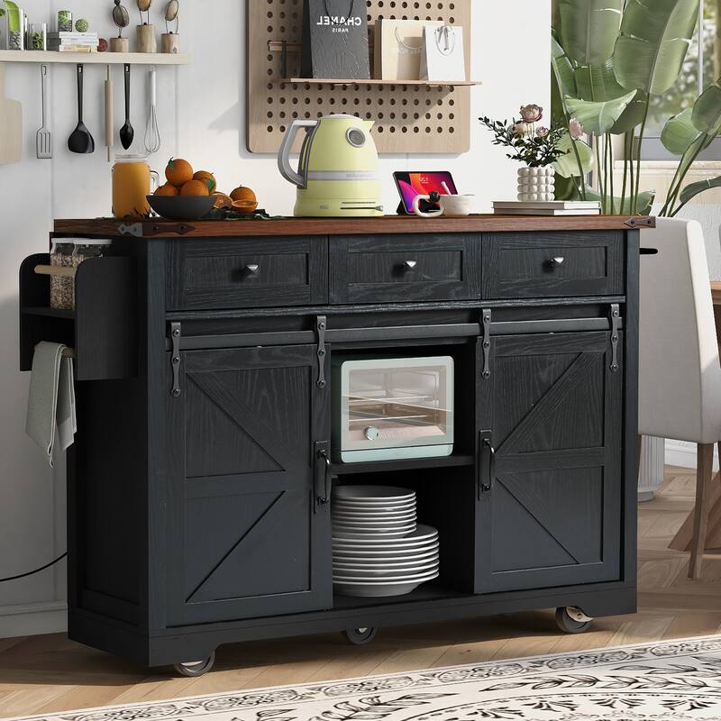 53.7" Farmhouse Kitchen Island with Power Outlet,2 Sliding Barn Door Kitchen Storage Island with Drop Leaf