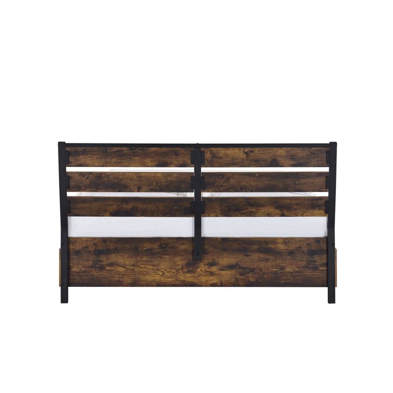 Industrial Solid Wood Bed with Wooden Side Rails and Slatted Headboard