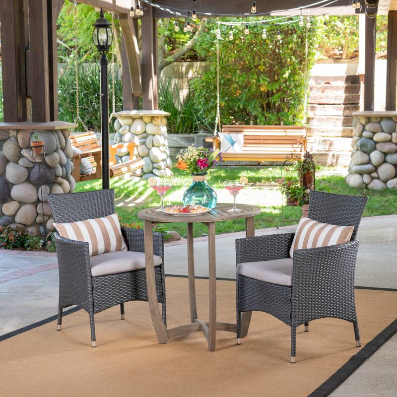 Ellie Outdoor 3 Piece Wicker Bistro Set by Christopher Knight Home - Gray/Light Gray