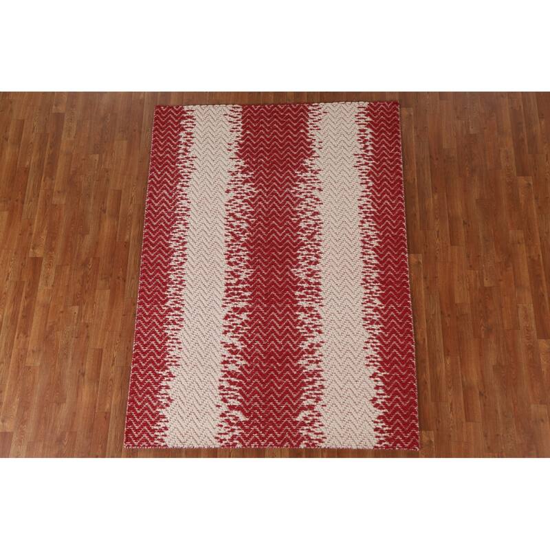 Hand Knotted Oriental 100% Wool Carpet Modern Chevron Red Moroccan Area Rug - 7' 0'' X 5' 1''