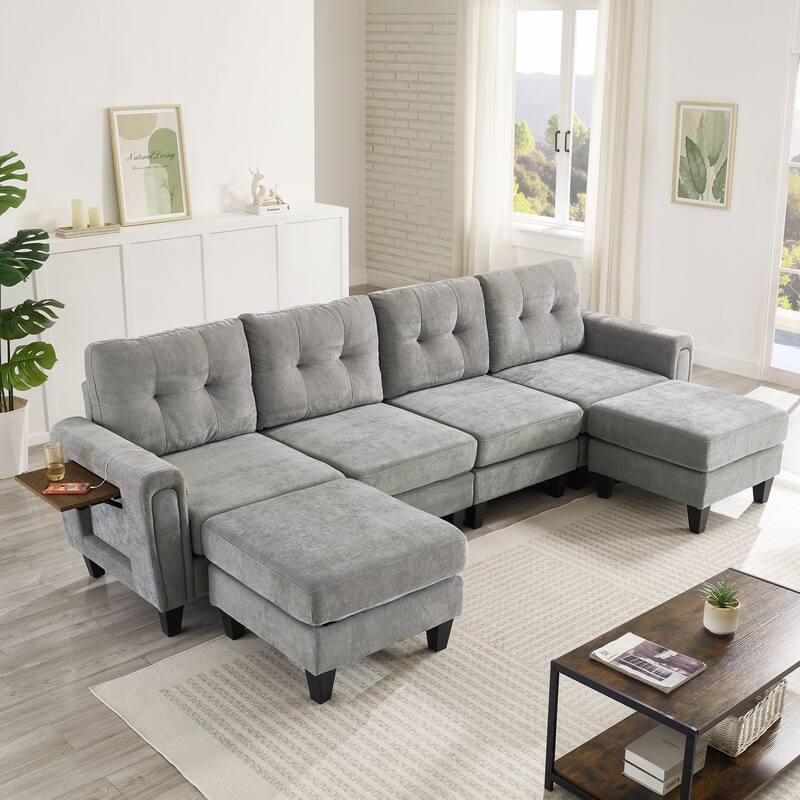 Roomfitters 115 Inch U-Shaped Sectional Sofa with 2 Ottomans and Foldable Side Tables, Chenille