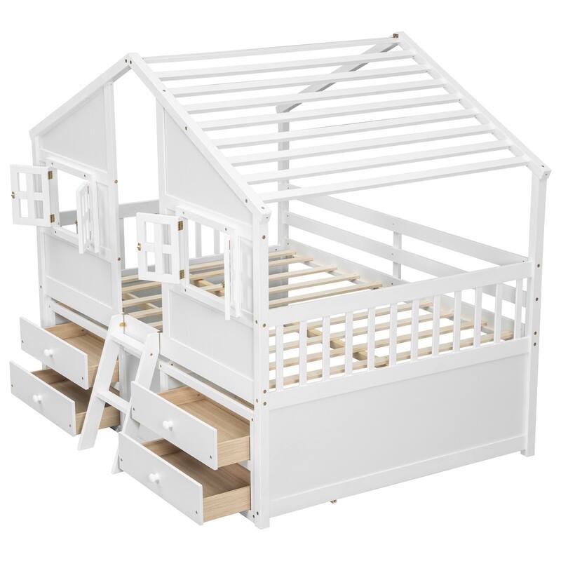 Full Size House Loft Bed with Roof, Windows,4 Storage Drawers with Guardrails