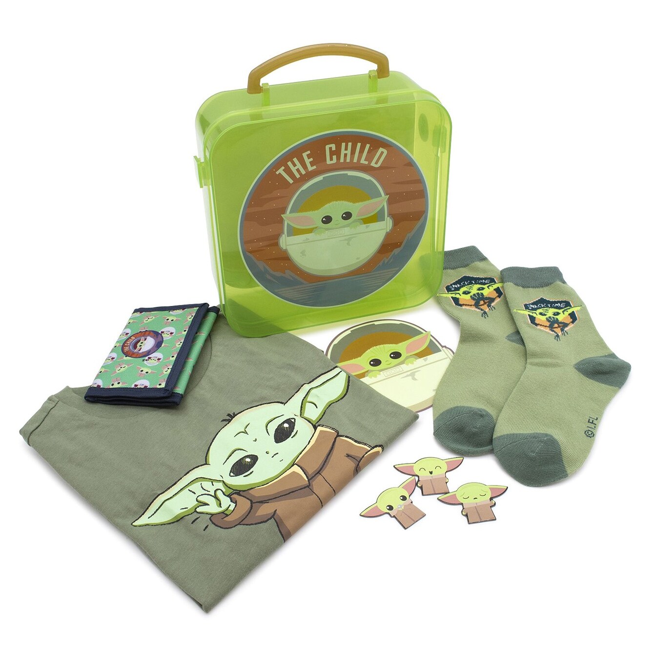 Star Wars The Child Baby Yoda Kids' 5 Piece Gift Set Shirt, Socks, Jumbo Sticker, Wallet, and Magnet Set