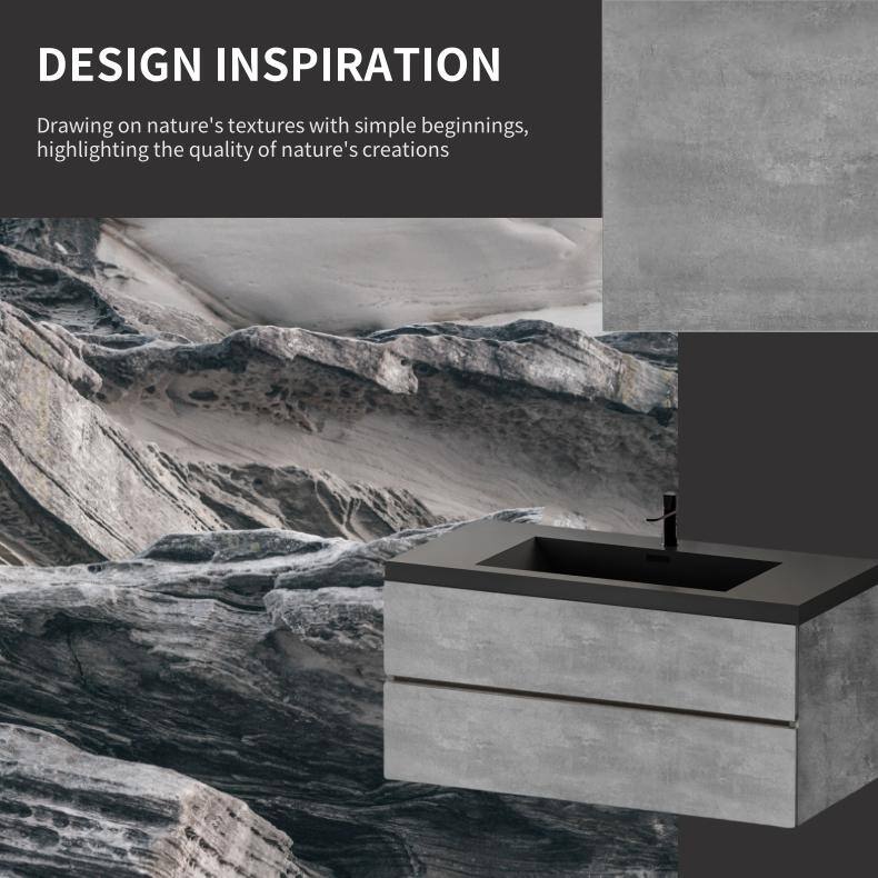 Modern Wall-Mounted Bathroom Vanity in Gray with Black Quartz Sand Top