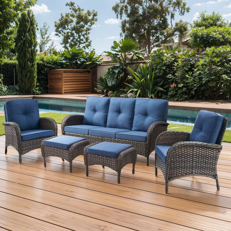 Gymojoy 5-Piece Outdoor Wicker Patio Furniture with 3 Seat Sofa, Rattan Coversation Set with Water Resistant Cushions