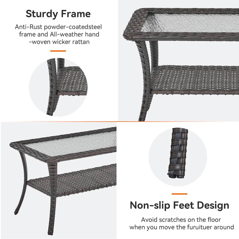 Outdoor Coffee Table with Tempered Glass Top -Brown