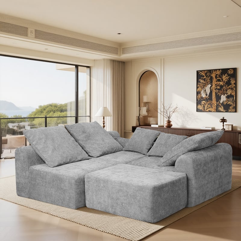 Anmytek 111.2 Soft Grey Melange Chenille Modern Modular L Shaped Sectional Sofa with Adjustable Configurations