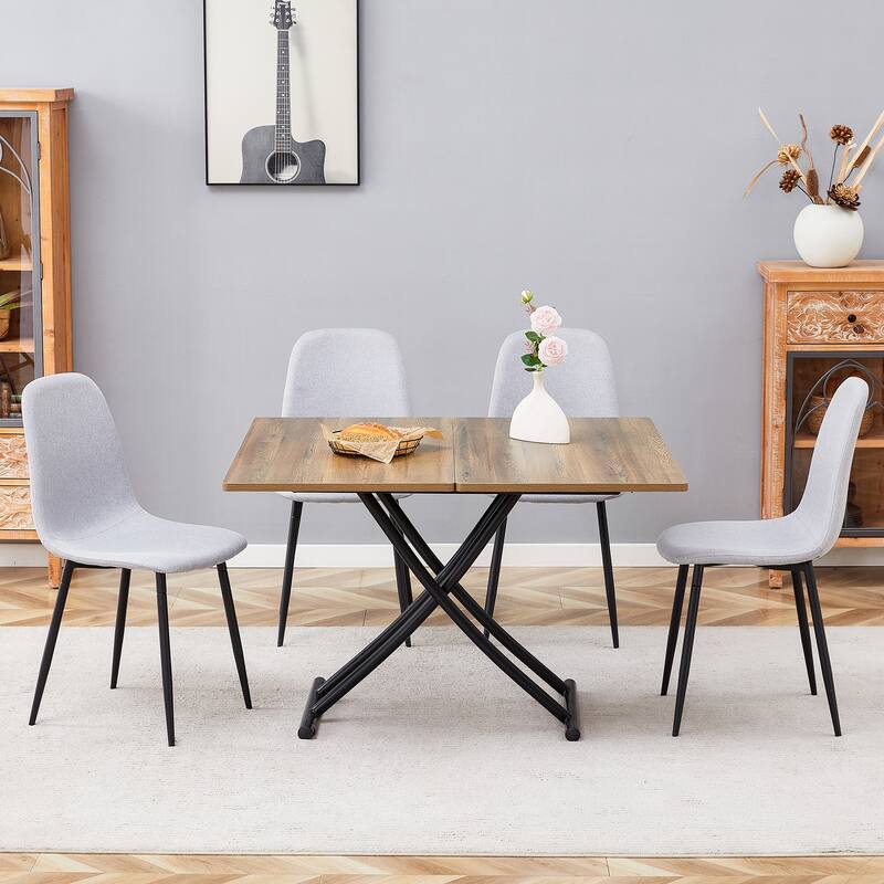 Table and chair set.Modern Multifunctional Lifting Platform,Natural Wood Grain Sticker MDF Desktop, Paired with 4 Dining Chairs