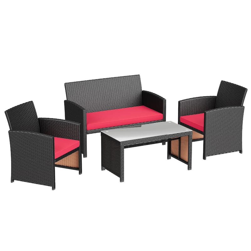 EROMMY 4-Piece Patio Furniture Set with Cushions, Wicker Sofa and Glass Coffee Table, All-Weather PE Rattan Conversation Set.