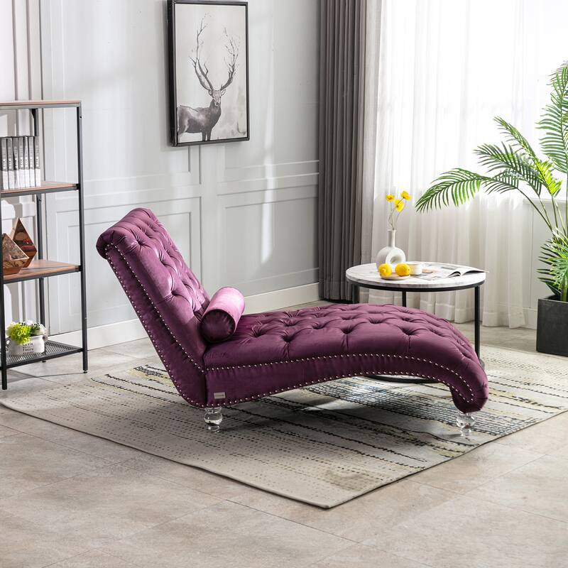 Velvet Tufted Chaise Lounge Chair Ergonomic S Shape Recliner with Pillow, Nailhead Trim and Acrylic Legs for Indoor Use