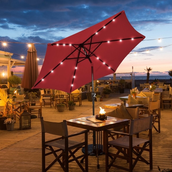 9-Foot Solar LED Patio Market Umbrella with Tilt Adjustment and Crank Lift