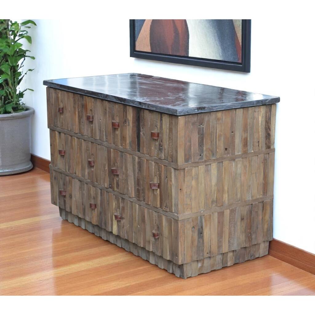 HomeRoots 47" Brown Distressed Reclaimed Wood Carved Geometric Six Drawer Buffet Table - 47.00 in. x 31.00 in. x 23.00 in.