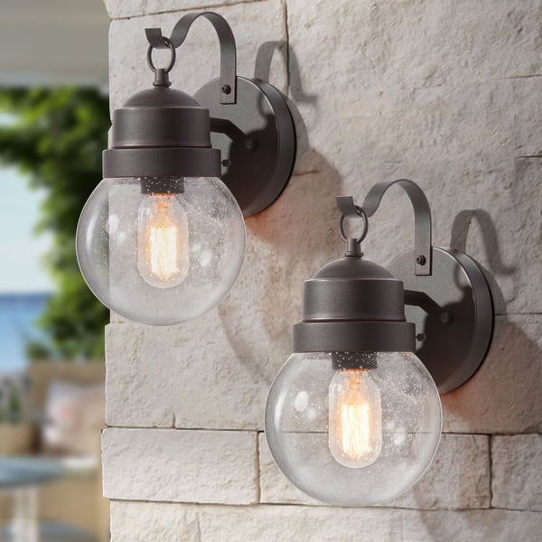 slide 1 of 10, Baley Seeded Glass Traditional Globe Outdoor Wall Sconce