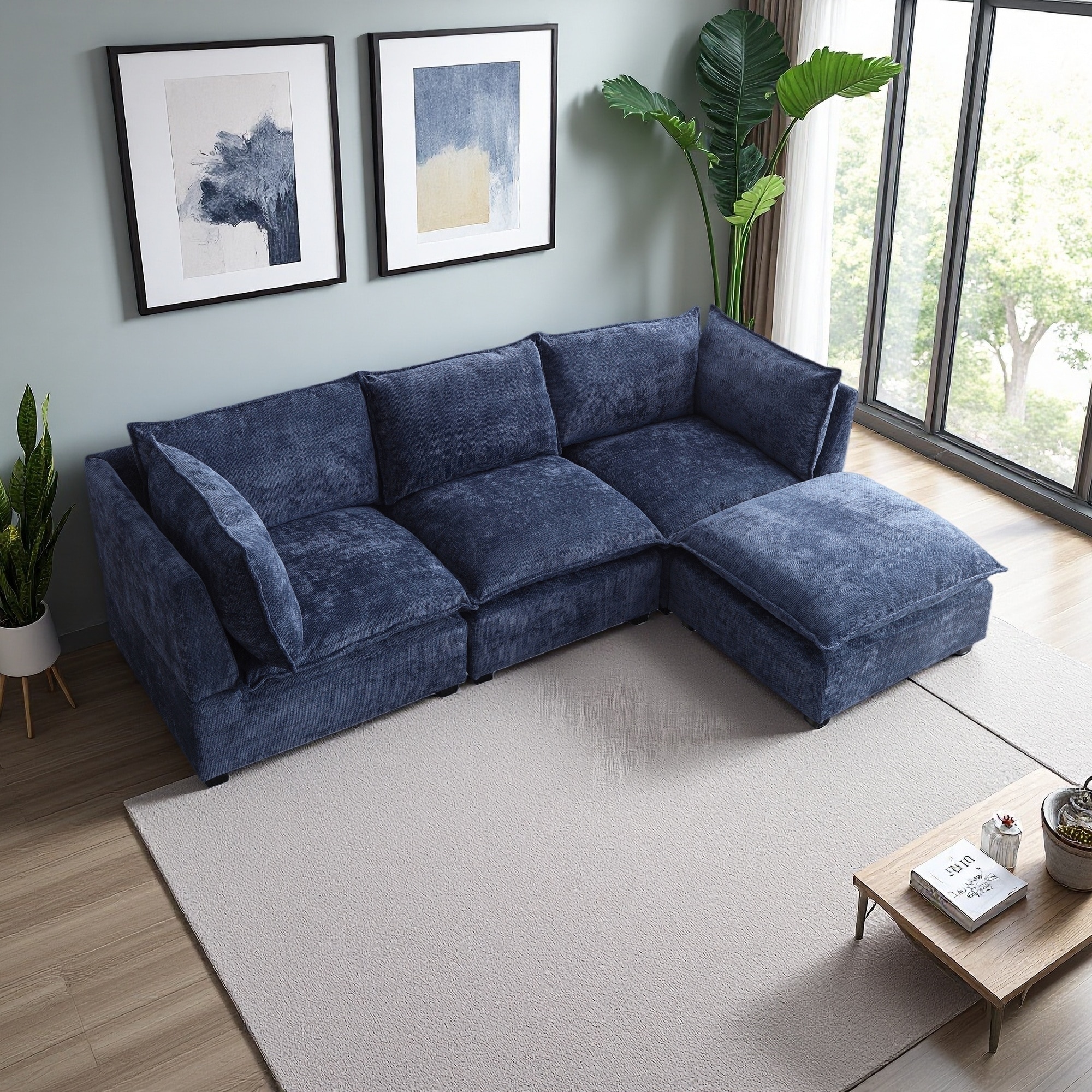 Linen L-Shaped Modular 5-Seater Sectional Sofa with Convertible Ottoman