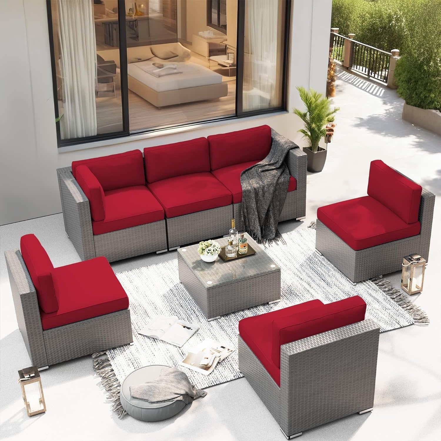 SUNCROWN Outdoor 7 Pieces Patio Furniture Grey Wicker Sectional Sofa Set