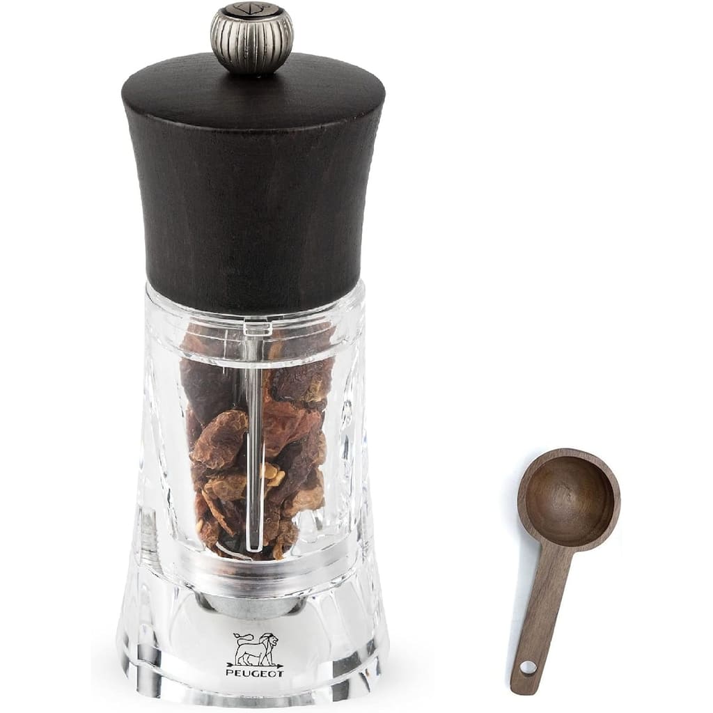 Peugeot - Oleron Manual Mill Chili Mill - Transparent Adjustable Grinder - Acrylic and Beechwood, Chocolate, 5.5 Inches