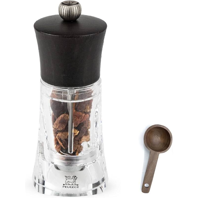 Peugeot - Oleron Manual Mill Chili Mill - Transparent Adjustable Grinder - Acrylic and Beechwood, Chocolate, 5.5 Inches - 2 Piece