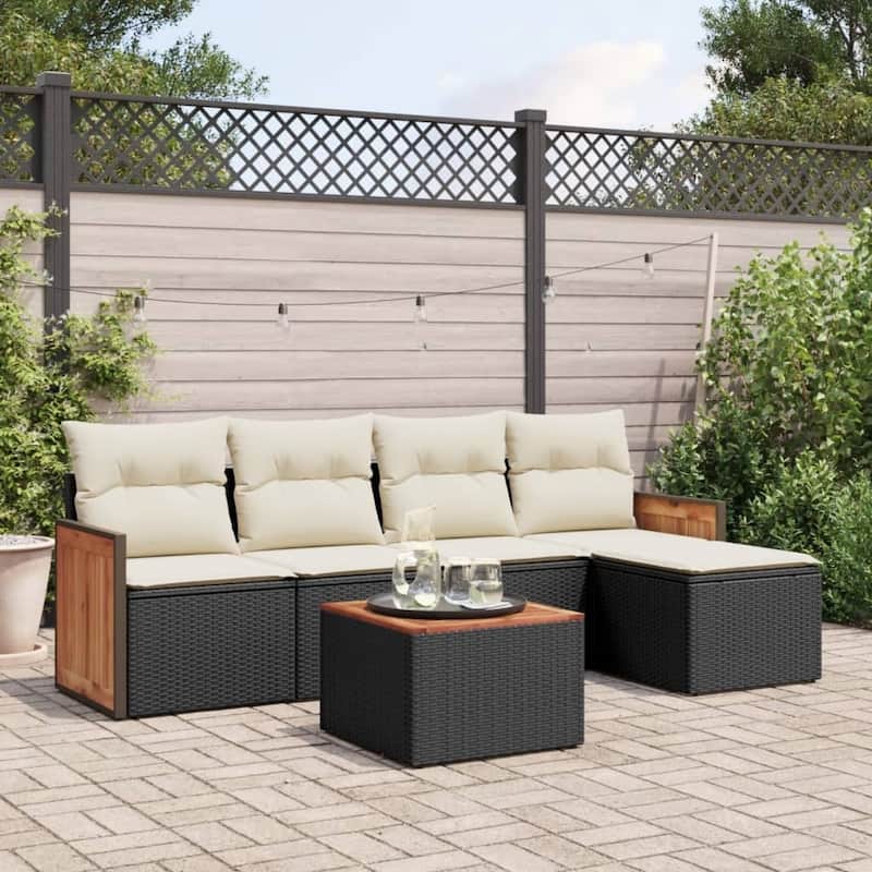 vidaXL Patio Sofa Set with Cushions Outdoor Conversation Furniture Poly Rattan - 21.7 x 21.7 x 14.6 in - Black and cream with table