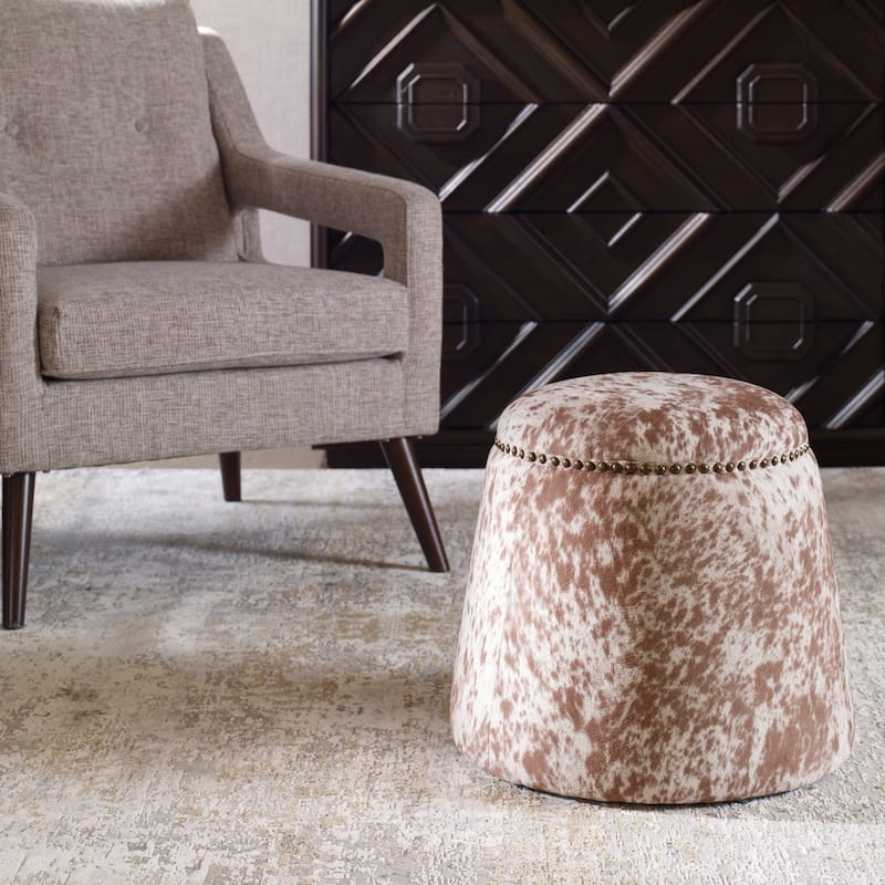 Cow Hide Pouf Ottoman with Nail Heads - 17" - Brown and White