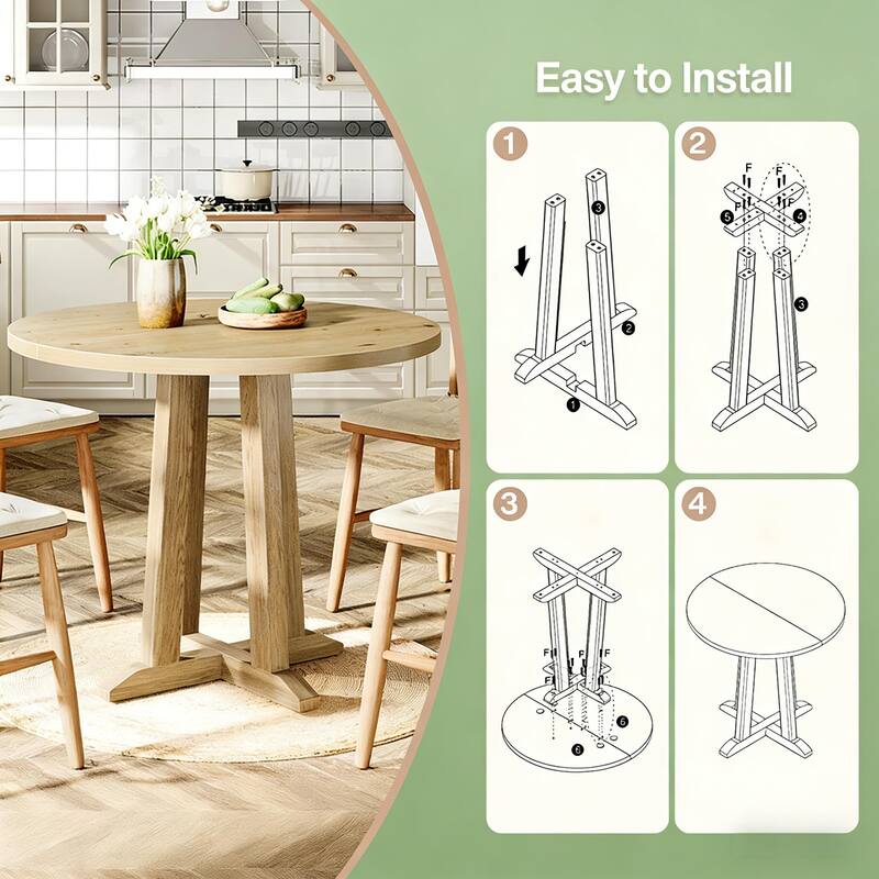 Home Office Table Round Dining Table for 2-4 People, Wood Kitchen Table Meeting Table with Inspired Leg Base