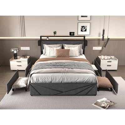 LED Queen Bed Frame with Storage Headboard and Charging Station