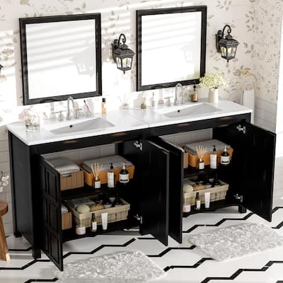 72" Retro Espresso Double Vanity Set - Separate Vanities, Dual Sinks, Soft-Close Doors & Adjustable Shelf‌ - 72"