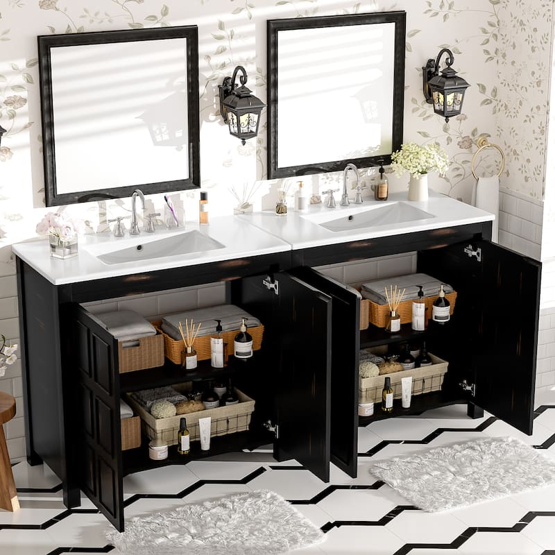 72" Retro Espresso Double Vanity Set for Bathroom - Handcrafted Solid Wood Cabinets with Ceramic Sinks and Weathered Texture