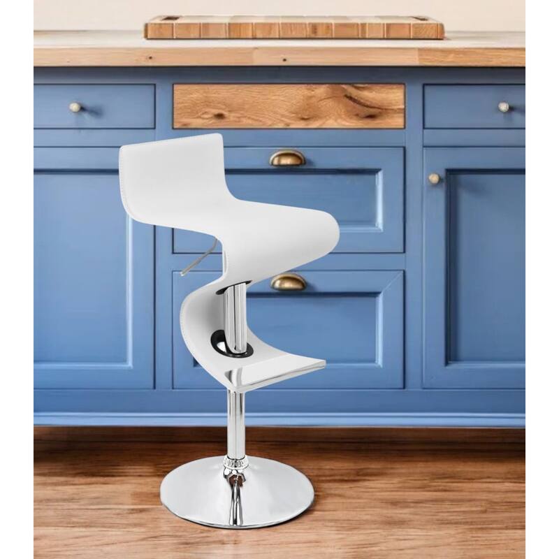 Modern Z Shape Bar Stool with 30" Adjustable Hydraulic Height Faux Leather Upholstery and Footrest - 28”H x 17”W x 15”D - White-Silver