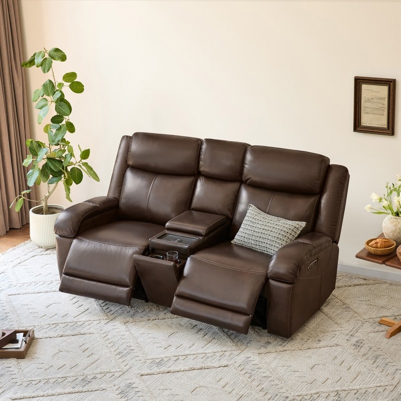 Spruce & Spring Hadlee Genuine leather Reclining Sofa with Multi-Function Console.